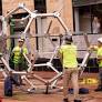 Photos of Frank Stella sculpture Stacked Stars installed outside MOCA