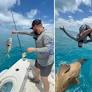 Fisherman drops giant bait fish overboard then swims beside a 500-pound grouper he just hooked